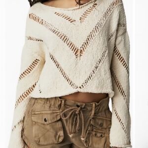 Free People Hayley Knit Sweater Cream 100% Cotton OS Like New
